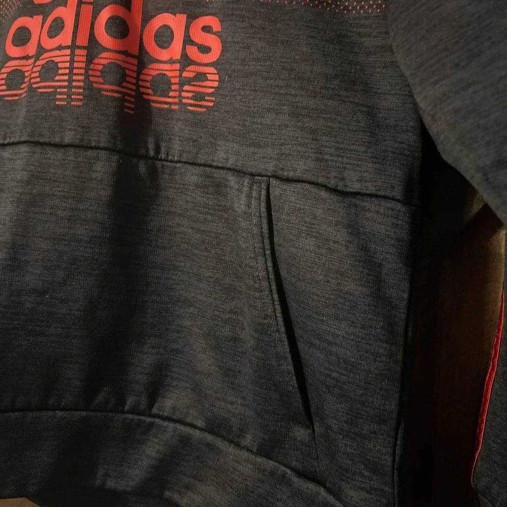 Adidas Boys Small 8 Hoodie Charcoal Grey Red Gradient Logo‎ 3 Stripe Pullover - Picture 5 of 6